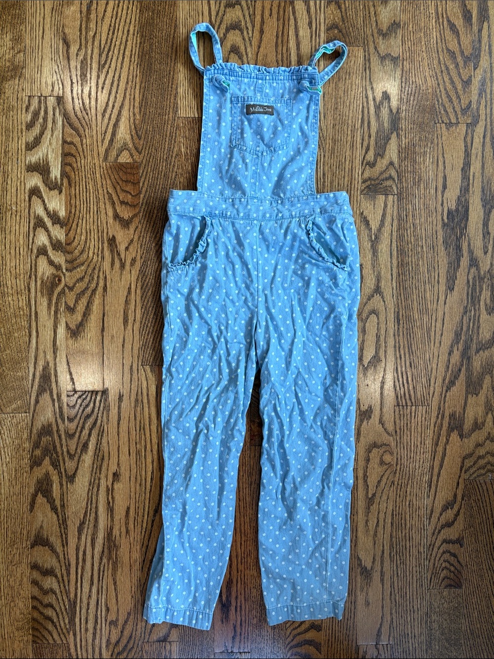 Matilda Jane blue with white polka dots, Square Dance overalls, size 6. Like new